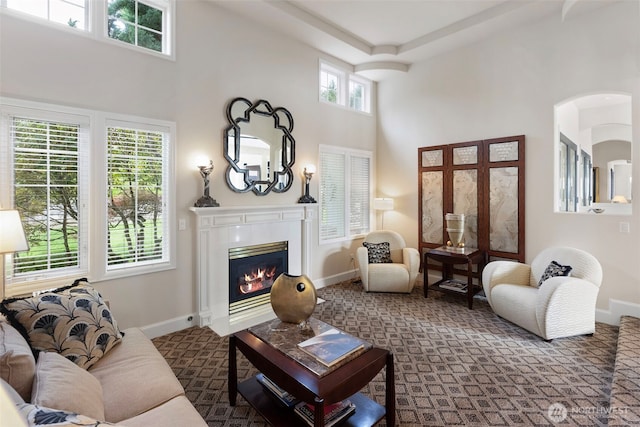 living room with dark carpet and a high ceiling