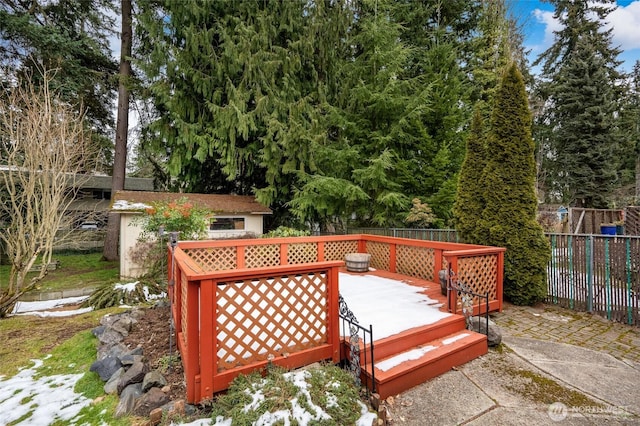 view of snow covered deck