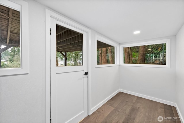 doorway with dark wood-type flooring and a healthy amount of sunlight