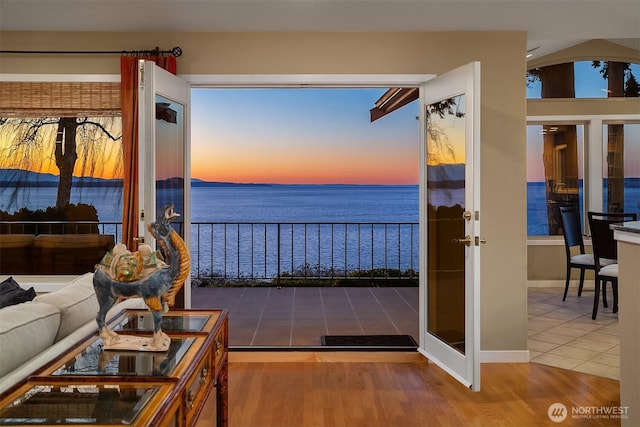 balcony at dusk with a water view