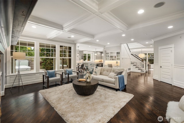 living room featuring coffered ceiling, beam ceiling, dark hardwood / wood-style floors, and crown molding