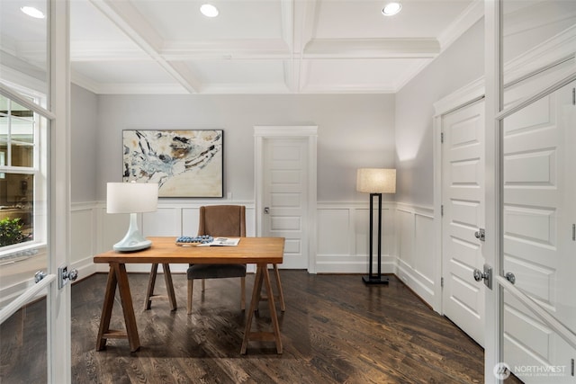 office space with coffered ceiling, ornamental molding, dark hardwood / wood-style floors, and beam ceiling