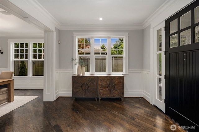 foyer entrance featuring ornamental molding and dark hardwood / wood-style floors