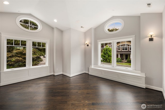 interior space with lofted ceiling and dark wood-type flooring