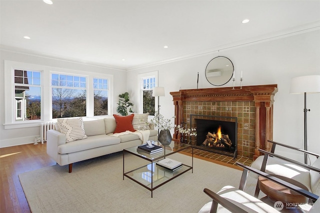 living room with hardwood / wood-style flooring, a tiled fireplace, and ornamental molding