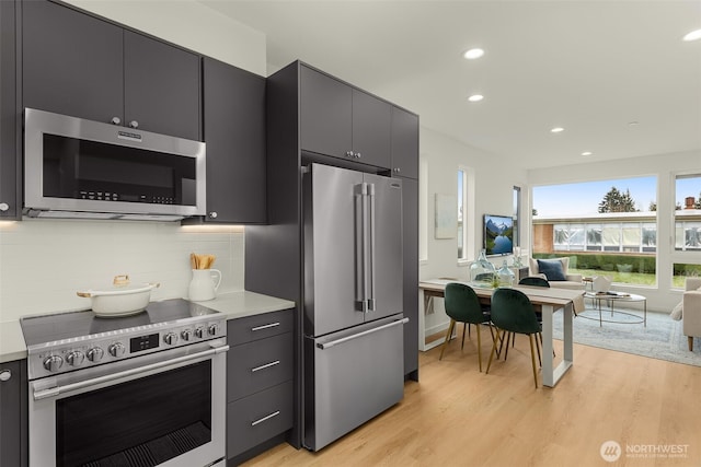 kitchen featuring appliances with stainless steel finishes, light hardwood / wood-style flooring, and backsplash