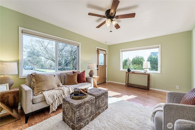 living room with hardwood / wood-style flooring and ceiling fan