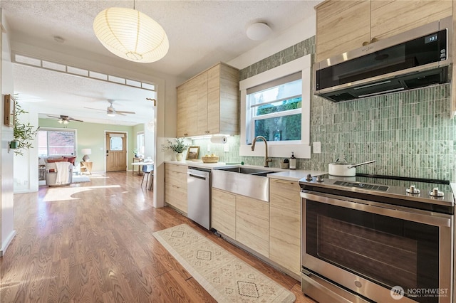 kitchen featuring light hardwood / wood-style flooring, sink, plenty of natural light, and appliances with stainless steel finishes