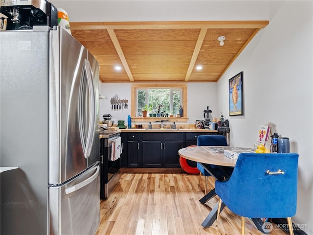 kitchen featuring appliances with stainless steel finishes, vaulted ceiling with beams, sink, wood ceiling, and light hardwood / wood-style floors