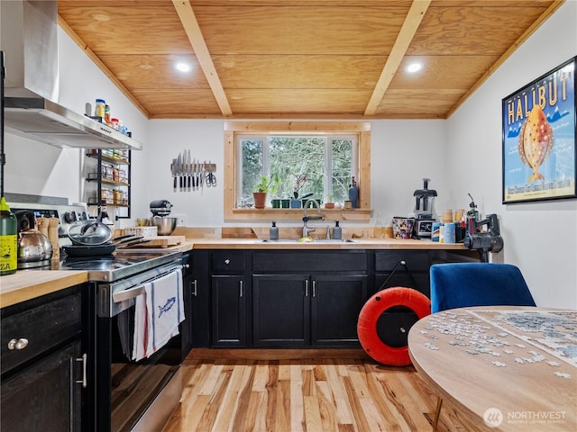 kitchen with stainless steel electric range oven, sink, wooden ceiling, light wood-type flooring, and wall chimney exhaust hood