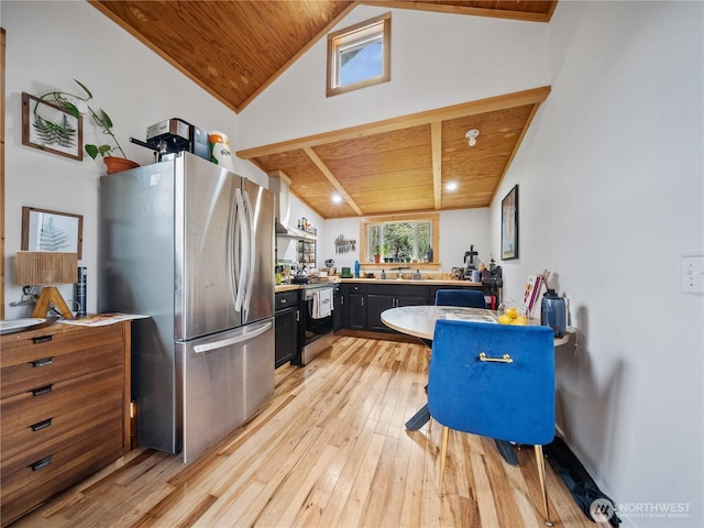 kitchen with appliances with stainless steel finishes, light wood-type flooring, sink, and wood ceiling