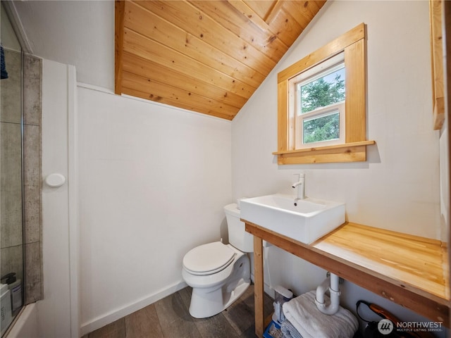 full bathroom featuring lofted ceiling, toilet, sink, wooden ceiling, and hardwood / wood-style floors