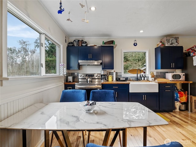 kitchen with blue cabinets, sink, light hardwood / wood-style flooring, and electric range