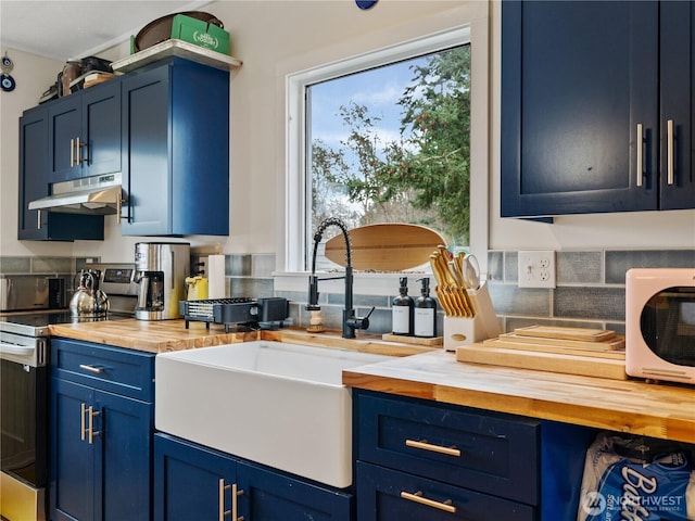 kitchen with butcher block counters, blue cabinetry, sink, and stainless steel electric range