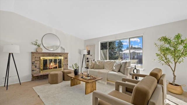 carpeted living room with a brick fireplace