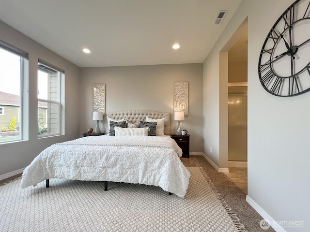 bedroom featuring recessed lighting, carpet, visible vents, and baseboards