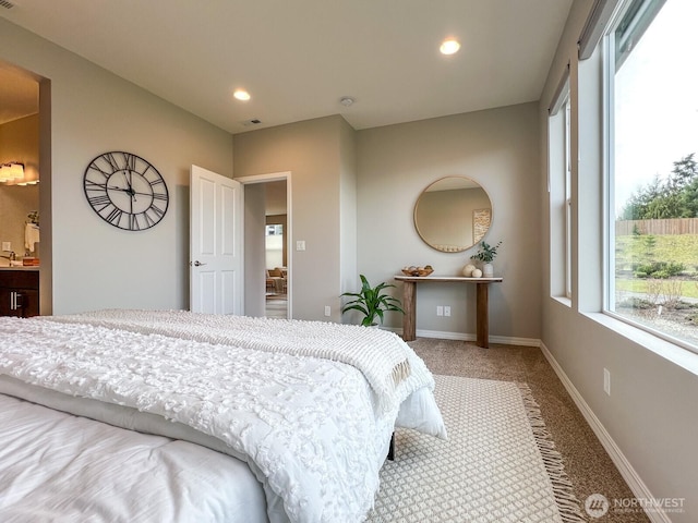 bedroom with carpet, visible vents, baseboards, and recessed lighting