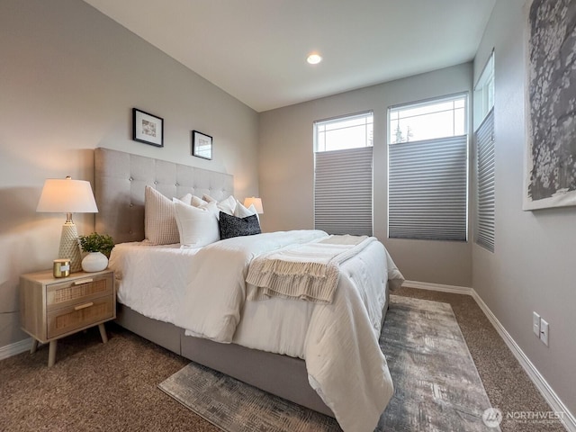 bedroom featuring carpet floors, recessed lighting, and baseboards