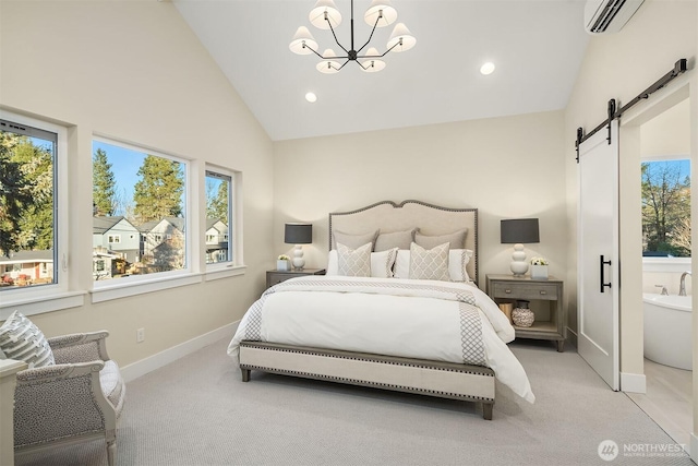 bedroom with a wall mounted air conditioner, high vaulted ceiling, a barn door, light carpet, and an inviting chandelier