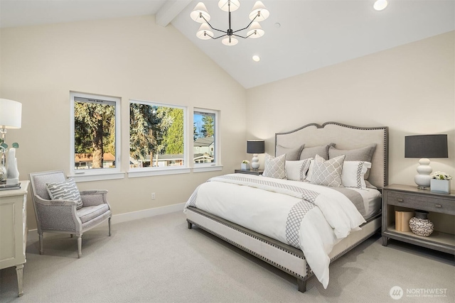 carpeted bedroom with an inviting chandelier, beam ceiling, and high vaulted ceiling