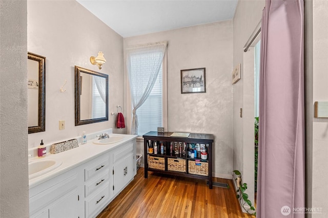 bathroom with vanity and hardwood / wood-style floors