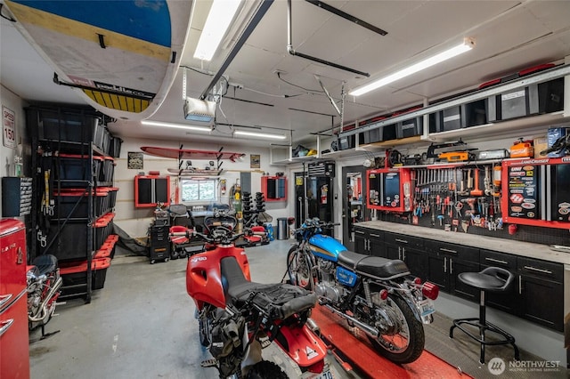 garage featuring a garage door opener and a workshop area