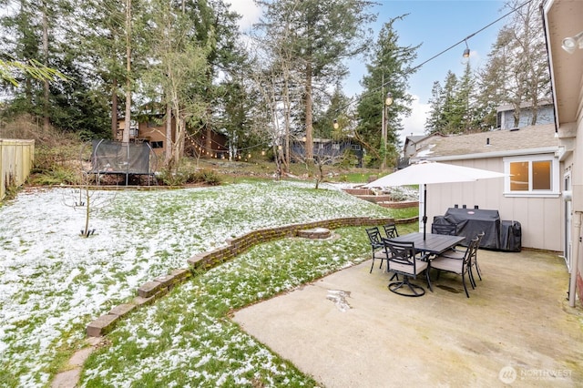 yard covered in snow with a patio area and a trampoline