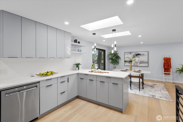 kitchen with dishwasher, light hardwood / wood-style floors, pendant lighting, gray cabinets, and kitchen peninsula