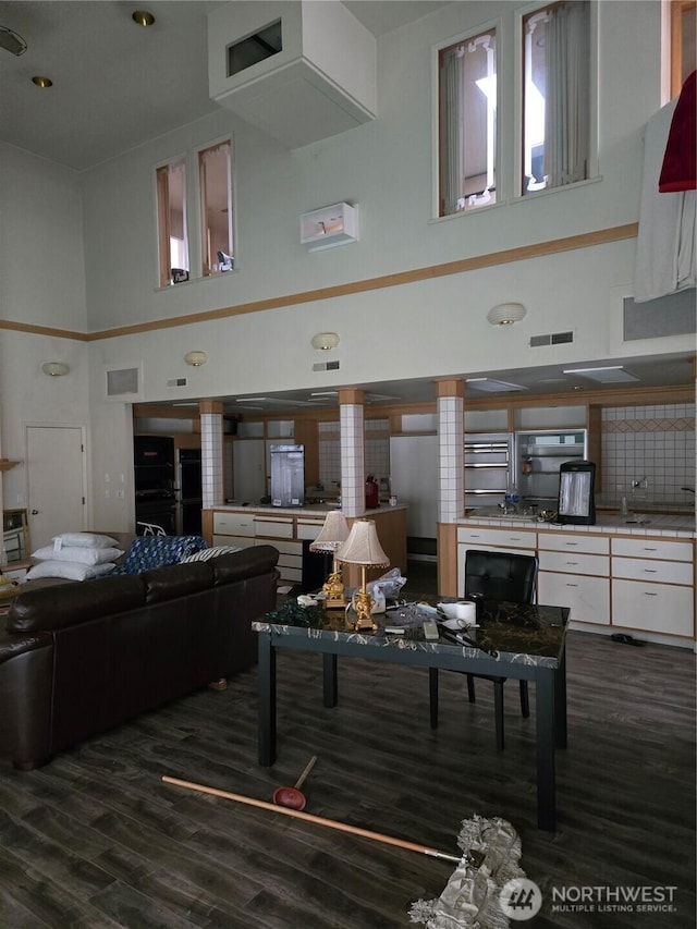 living room featuring a towering ceiling, dark hardwood / wood-style flooring, and sink