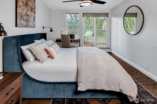 bedroom featuring dark wood-type flooring, ceiling fan, and baseboards