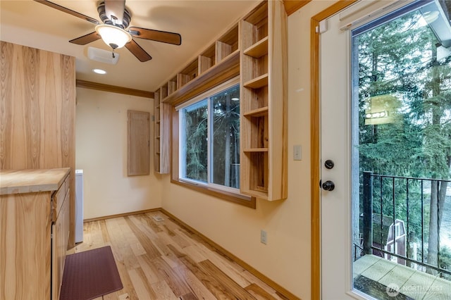 interior space with light wood-style floors, a wealth of natural light, ceiling fan, and baseboards