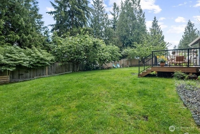 view of yard with a fenced backyard and a deck