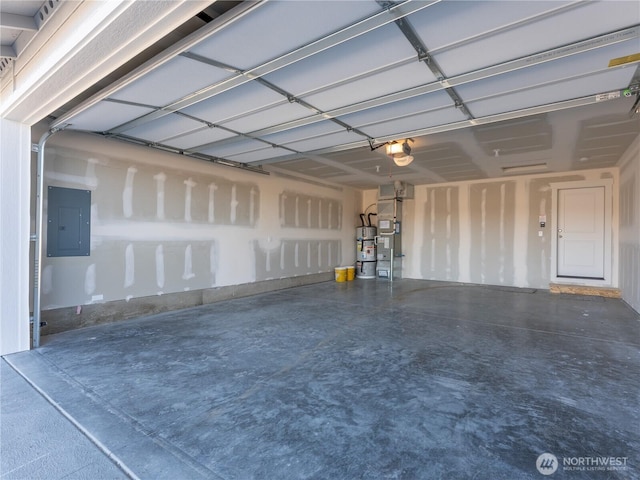 garage featuring heating unit, a garage door opener, electric panel, and water heater