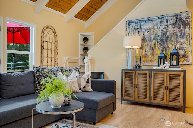 living area featuring vaulted ceiling with beams, wooden ceiling, and wood finished floors