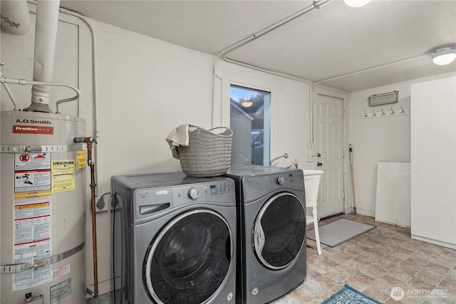 laundry area with water heater, laundry area, and washer and clothes dryer