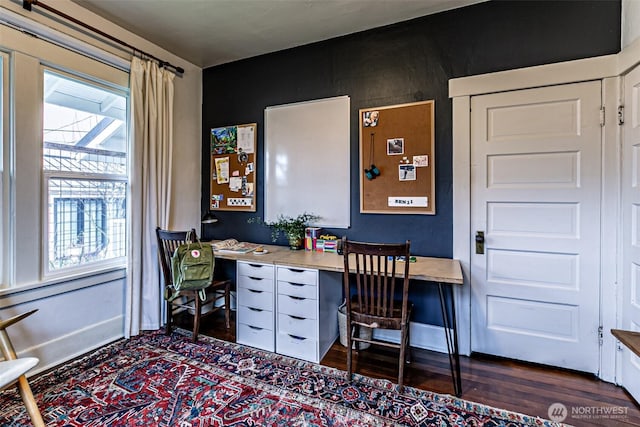 office featuring dark hardwood / wood-style flooring and built in desk