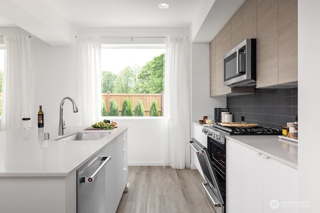 kitchen with stainless steel appliances, sink, decorative backsplash, and light hardwood / wood-style flooring