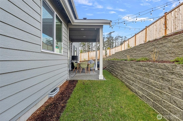 view of yard with a fenced backyard and a patio