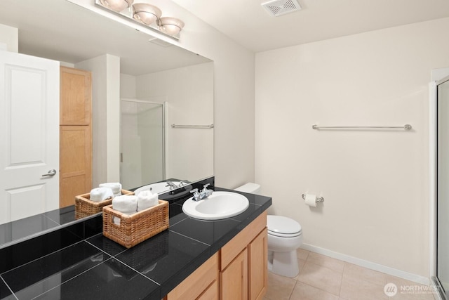 bathroom featuring tile patterned flooring, visible vents, a shower stall, toilet, and vanity