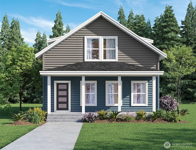 view of front of home featuring a porch, a front yard, and a shingled roof