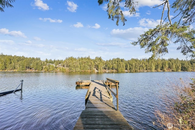 view of dock featuring a water view and a wooded view