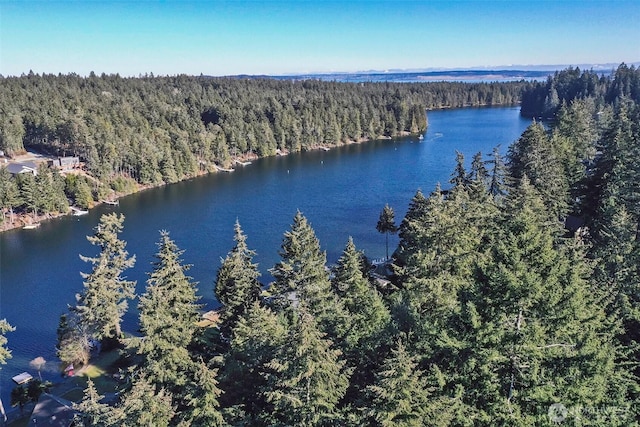 aerial view with a water view and a forest view