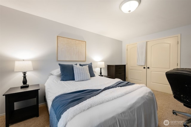 bedroom with a closet and dark colored carpet