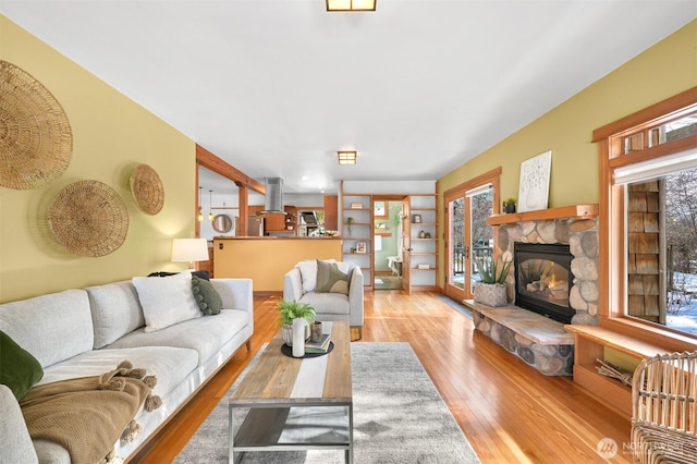 living room with a fireplace and light hardwood / wood-style floors