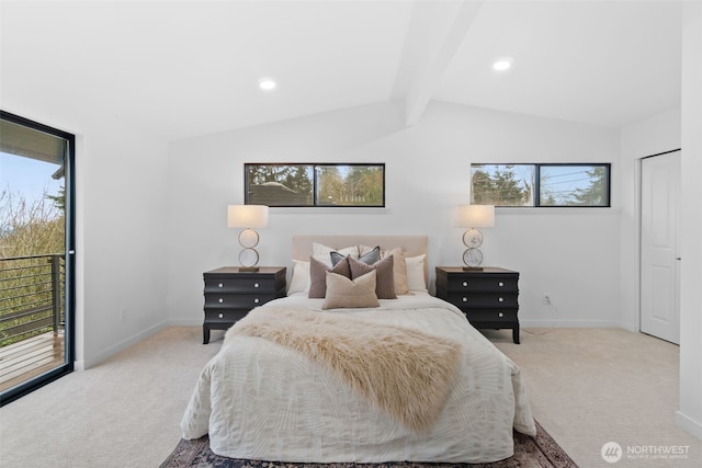 bedroom featuring light carpet, vaulted ceiling with beams, and access to outside