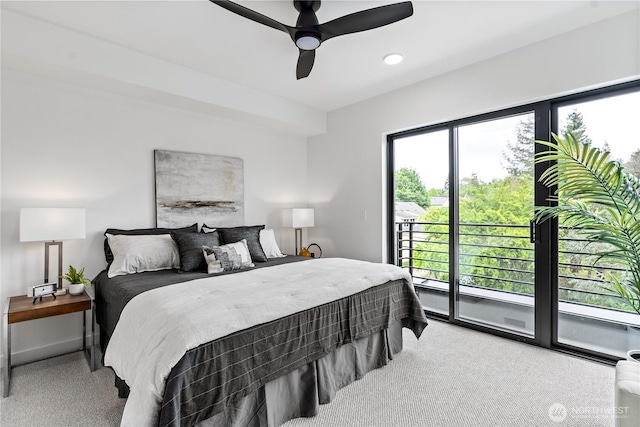 carpeted bedroom with access to exterior and ceiling fan