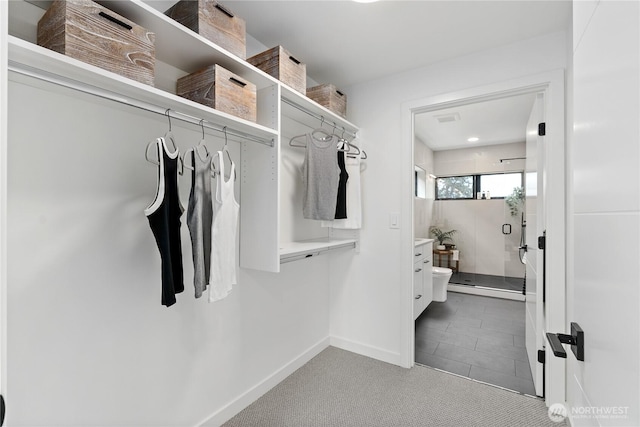 spacious closet featuring light colored carpet