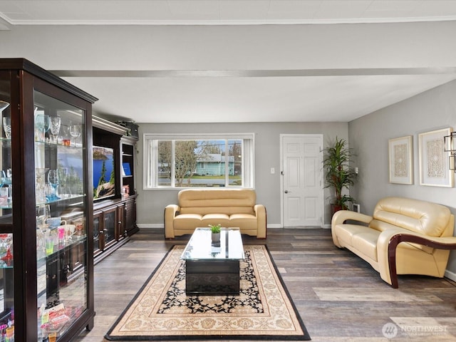 living room with baseboards, dark wood finished floors, and ornamental molding