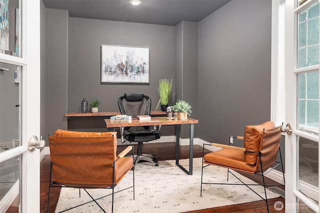 office area featuring french doors, wood finished floors, and baseboards