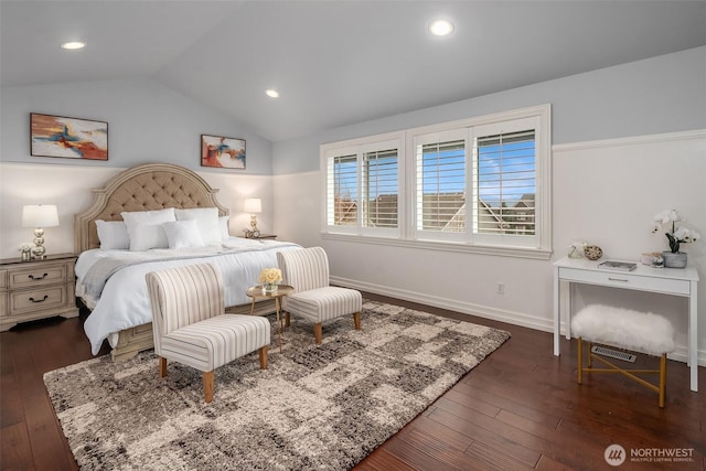 bedroom featuring lofted ceiling, baseboards, dark wood-style flooring, and recessed lighting